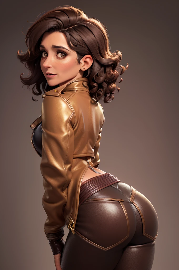 obra prima, melhor qualidade, ((only one woman,)) ((julia louis dreyfus, dark tan skin, short black curly hair, heavy makeup eye shadow, mouth open,)) (((wearing thigh length brown distressed oxblood jacket,))) (((jacket is zipped up, jacket covers waist and ass,))) ((jacket has stiff high collar,)) ((gold pvc gloves,)) body is very skinny, standing up, (((arched back, shoulders leaning way back, hips twisting, head tilted way back, chin up,))) ((camera back view, extreme closeup view of upper body,)) shallow depth of field, highres, HD, 8k, anatomically correct