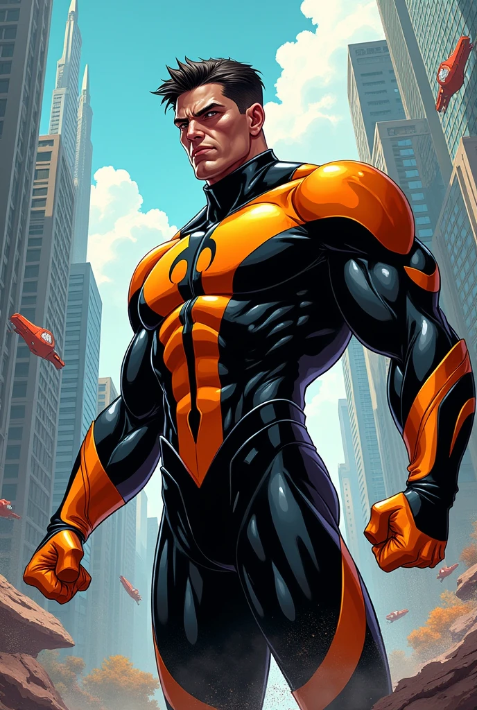 Create a comic of a black and orange superhero called Super Kolping