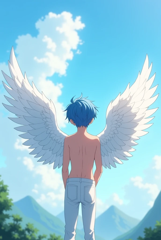 A boy with blue hair on his back with blue hair he is shirtless with angel wings white pants he is enjoying the view and a male boy the image is anime he is standing with his back to the camera, his hair is short and the wings are on his back