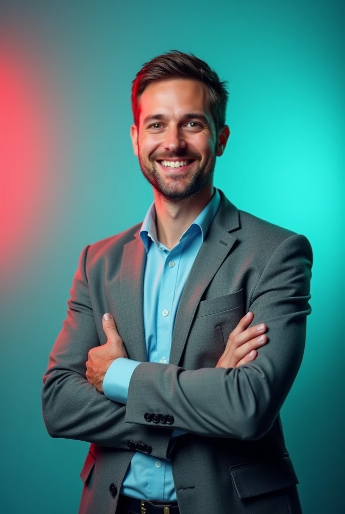 The man is positioned against aqua colour backdrop with a subtle red lighting on the left side. and he posing for LinkedIn profile
