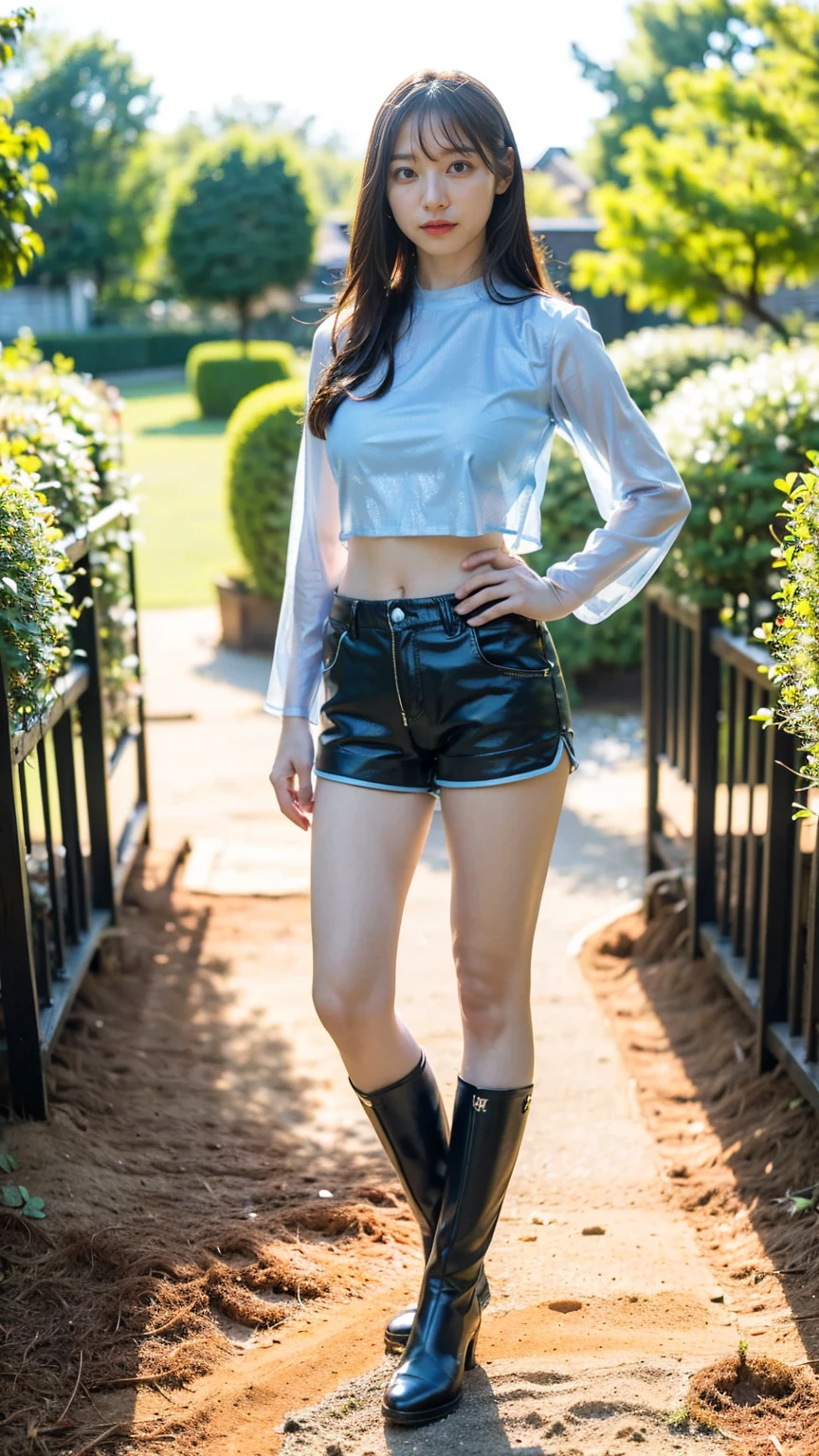 (8k、RAW Photos、Highest quality、masterpiece:1.2)、(Realistic、Realistic)、1 person、((Black and light blue shorts、Fantasy、Wizard、See-through、garden、garden、Breast enlargement、boots、cool、Thin legs、whole body、View from the front、Looking into the camera、Stand with hands on hips))、cute