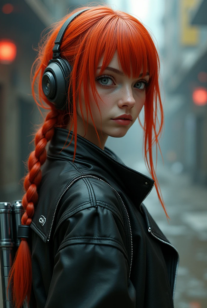 Female character in a book, She is a rebel and hacker with red hair braided to the side., has gray eyes and appears to be 2