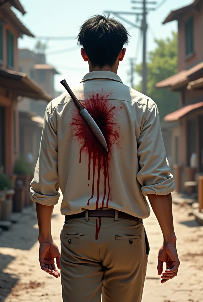 the same black-haired man walking BACK VIEWED FROM THE BACK through a town during the day, confused, dressed in a white linen shirt and beige pants, but with half of his body wounded, that is to say, he is stabbed and dripping blood on the right side, much more blood with a knife buried in his back