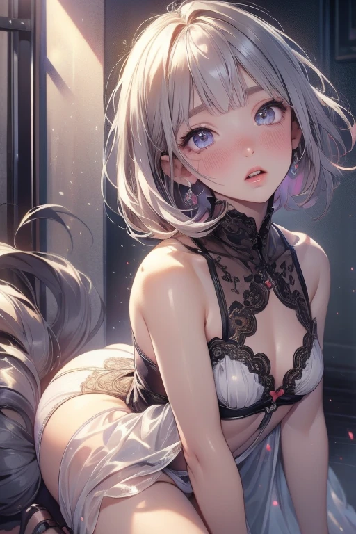 ((Highest quality)), ((masterpiece)), (detailed), A large amount:1.2),extremely detailed cute anime face, (((Flat Chest))), (Flat Chest:1.1),((((Short Bob Hair)))),Complex eyes,beautiful detailed eyes,Symmetrical eyes,(((detailed face))),beautiful detailed lips, If you look at this, (((Embarrassing))),(emotional expression),(My heart is pounding with anticipation.), A translucent white dress reveals her skin、String panties,Aboard,Open your mouth ,Heavy breathing ,((blush)),((((Backwards)))),Stick your butt out、Show me your ass、A single chrysanthemum flower blooms in my asshole、Looking up at the sky、Purple panties、On all fours