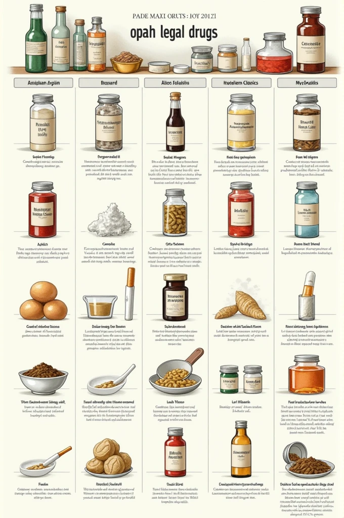 imageio:An illustrated table with drawings of bottles, cigarettes and pills, highlighting the main types of drugs and their risks.
Legal Drugs