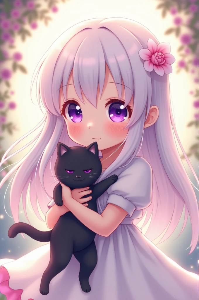 cute anime girl with white, long hair and bangs, with cloudy purple eyes and chubby cheeks, in a cute pose, in a white dress with a black cat in her hands