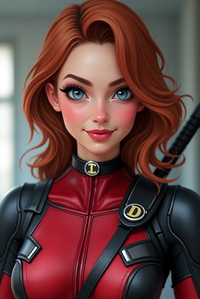 The woman with the delicate and feminine face, with intense light blue eyes, straight and thin nose, and a small, oval mouth, dresses in a realistic looking Deadpool suit. The suit is designed by Sara Pichelli, the original co-creator of the female version of Deadpool, and has a curvy and successful style that highlights her feminine figure. The suit is red and white, with a big "D" in the back, and has a button and belt design on the torso.
His face is open and youthful, with a warm and friendly smile that stands out on top of the suit. Her eyes shine with a sweet and lively glow, and her rubbed hair stands out at the roots of her neck. The suit does not hide his face, allowing her feminine beauty to stand out in full relief.