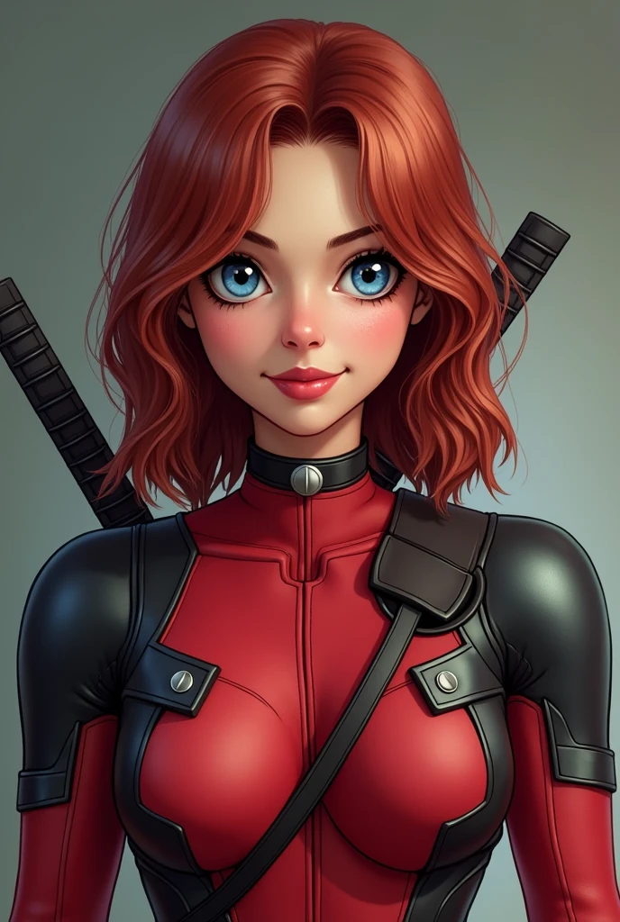 The woman with the delicate and feminine face, with intense light blue eyes, straight and thin nose, and a small, oval mouth, dresses in a realistic looking Deadpool suit. The suit is designed by Sara Pichelli, the original co-creator of the female version of Deadpool, and has a curvy and successful style that highlights her feminine figure. The suit is red and white, with a big "D" in the back, and has a button and belt design on the torso.
His face is open and youthful, with a warm and friendly smile that stands out on top of the suit. Her eyes shine with a sweet and lively glow, and her rubbed hair stands out at the roots of her neck. The suit does not hide his face, allowing her feminine beauty to stand out in full relief.