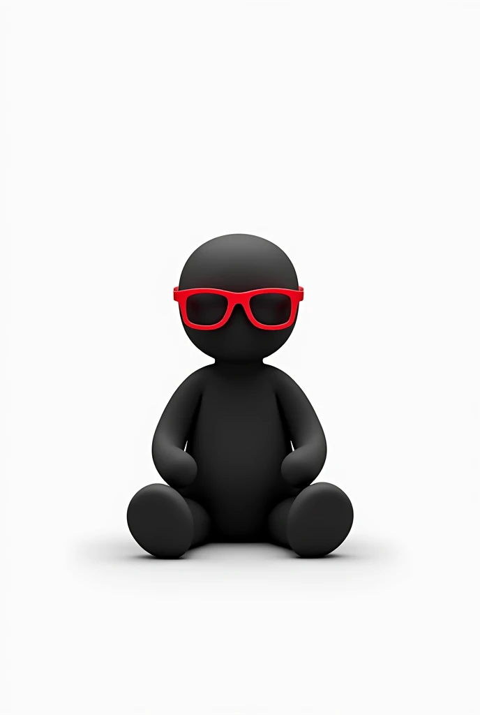 create a drawing of an all-black stick figure in a sitting position facing forward, with red glasses and the photo background is all white, a modern design