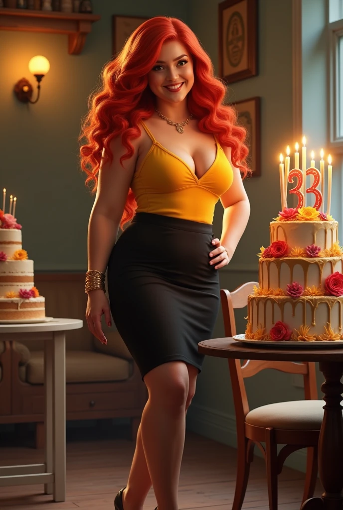 Long redhead plump girl with yellow tank top, black skirt and heels with 33rd birthday cake
