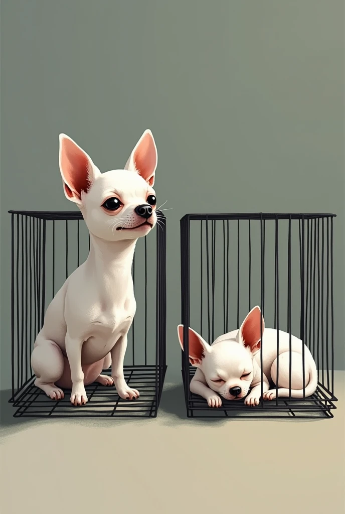 Make me a white chihuahua dog in a cage and next to it another chihuahua dog sleeping in a cage