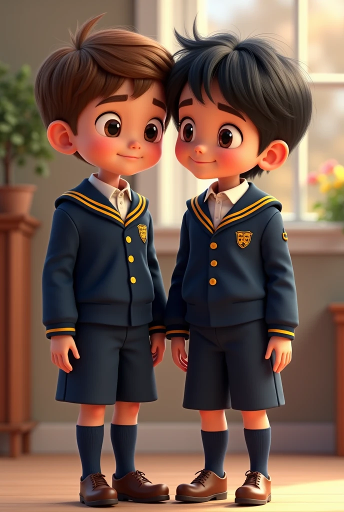 Boys in dark navy blue school uniform with mustard stripes, brown and black hair. semi realistic pixar style drawing full body