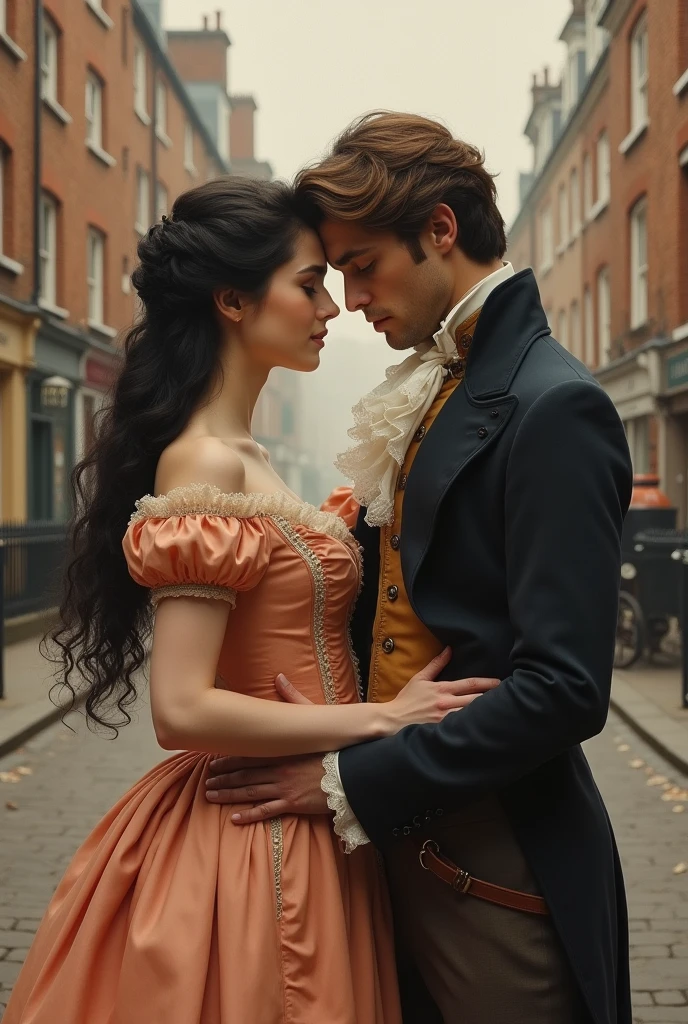 Couple from 1810 in London, England. Short woman with long black hair and honey eyes, peach colored dress. Tall man with brown hair