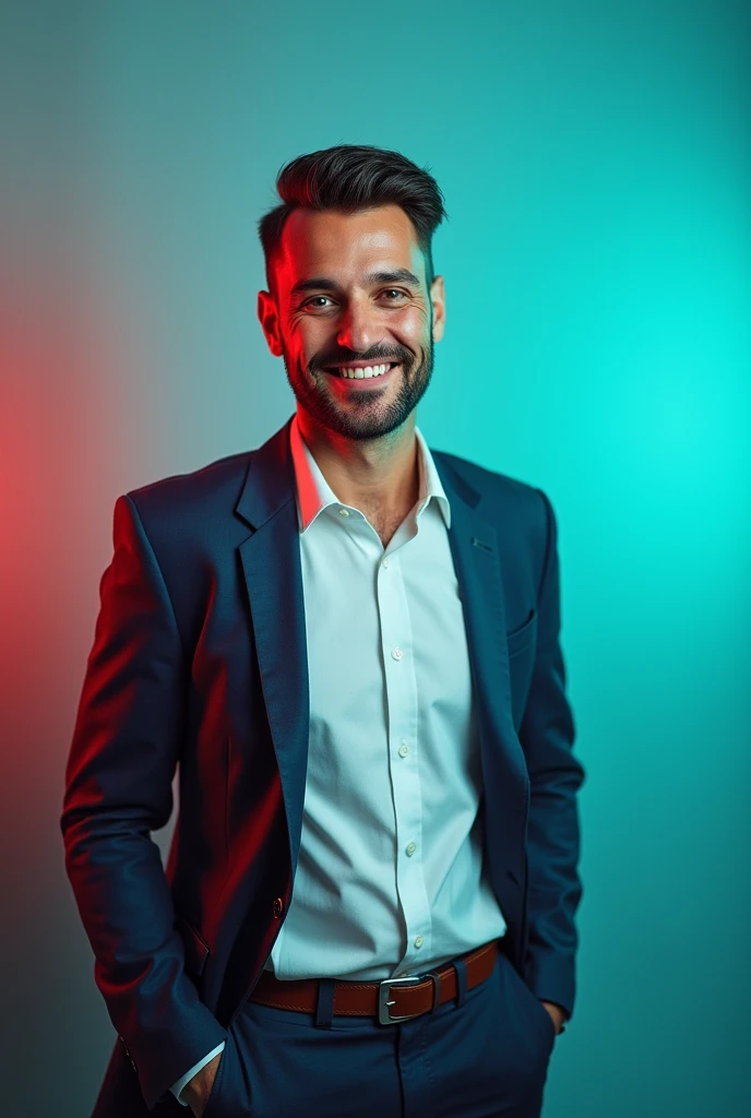 The man is positioned against aqua colour backdrop with a subtle red lighting on the left side. and he posing for LinkedIn profile