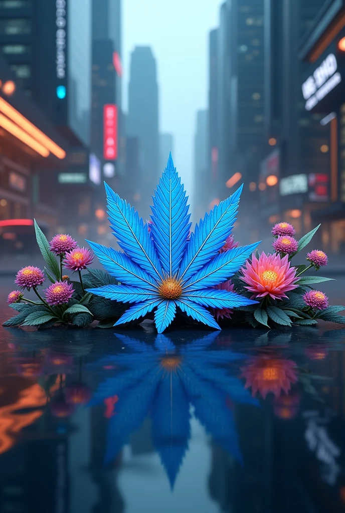 Create me a futuristic logo version written " traumatrixe.62 " "CBD" avec des fleurs de cbd 3D avec une ville futuriste