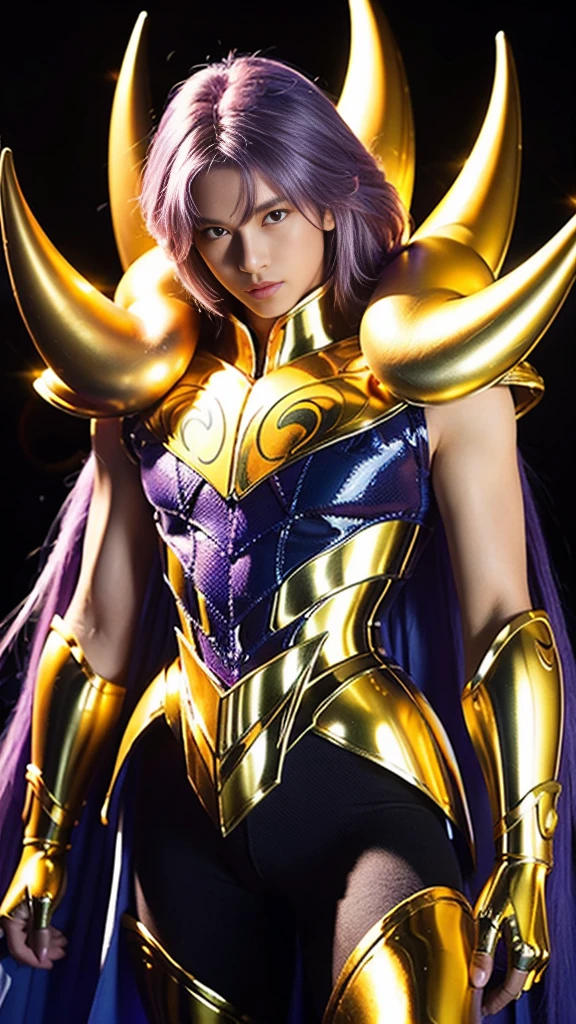 Ultra-high saturation(tmasterpiece), fully body photo,(best qualtiy), (1man),purple hair, Wearing shiny gold armor type armor,Expose your chest,Expose the waistline,Exposing thighs,cool-pose, Saint Seiya Armor, messy hair,high detal, Anime style, Cinematic lighting, Sparkle, god light, Ray traching, filmgrain, hyper HD, textureskin, super detailing, Anatomical correct, A high resolution,Ultra-high saturation,hight contrast,High-gloss armor,Smooth skin,An insidious sneer,realisticlying,(tmasterpiece,top Quority,best qualtiy,offcial art,Beauty and aesthetics:1.2),The is very detailed,s fractal art,Extremely colorful, Realistic