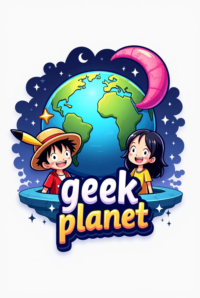 logo con un 🌎 en grande y de fondo, with stars, heart and a crescent moon (Pink and purple colors), In the front of the world there are two anime figures, a boy with wavy hair and a girl with long black hair wearing shirts and Pikachu ears or a straw hat. (Luffy de one piece) and the name Geek Planet in the middle of the logo (with vivid colors throughout the image) WITH WHITE BACKGROUND