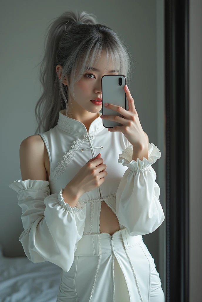 highly detailed, beautiful, hyper Realistic girl, masterpiece, best quality, Japanese sexy gravure woman, 1, identity hidden, takes a selfie in her room using a smartphone in front of a mirror with one hand, fashion model Posing, standing, looking away from the camera, /// gray arranged hair, light color eyes, Realistic skin, Detailed face, /// BREAK Cyber punk chinese dress, balloon Sleeves, white theme, mandarin collar, (intricate patchwork of latex and leather, triangular silhouette skirt, gray, /// Monotone simple modern taste single room, mirror, complicated background