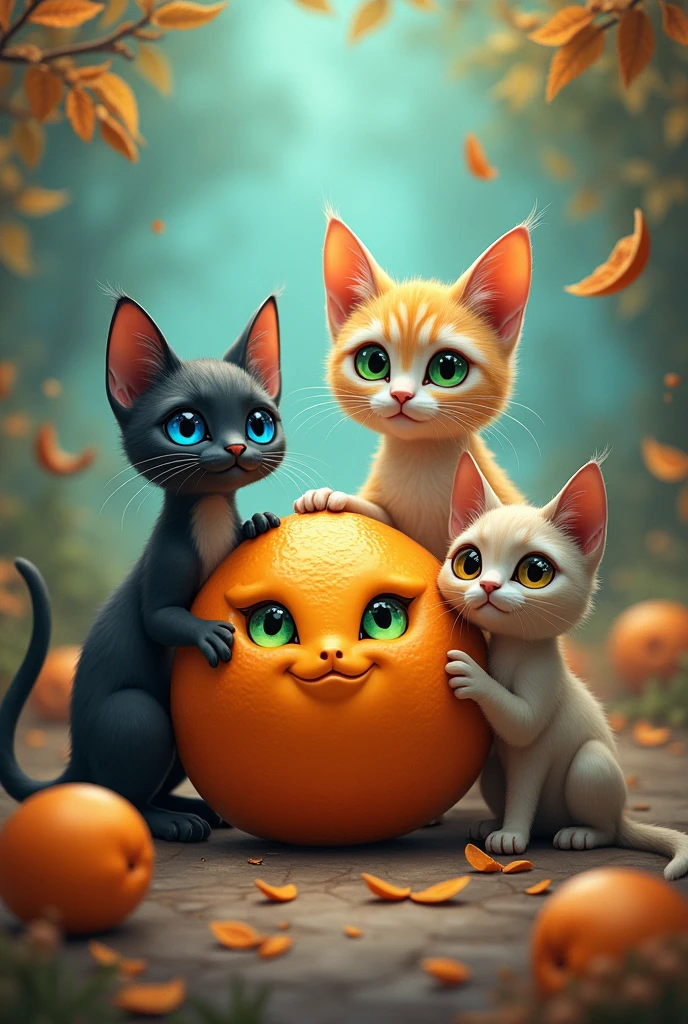 Generates an image with 3 cats, an orange with green eyes,a blue-eyed Siamese and a yellow-eyed Siamese