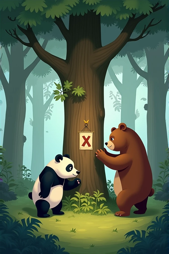 Make a picture of a panda bear and a brown bear where they find a tree with an x marked on it.