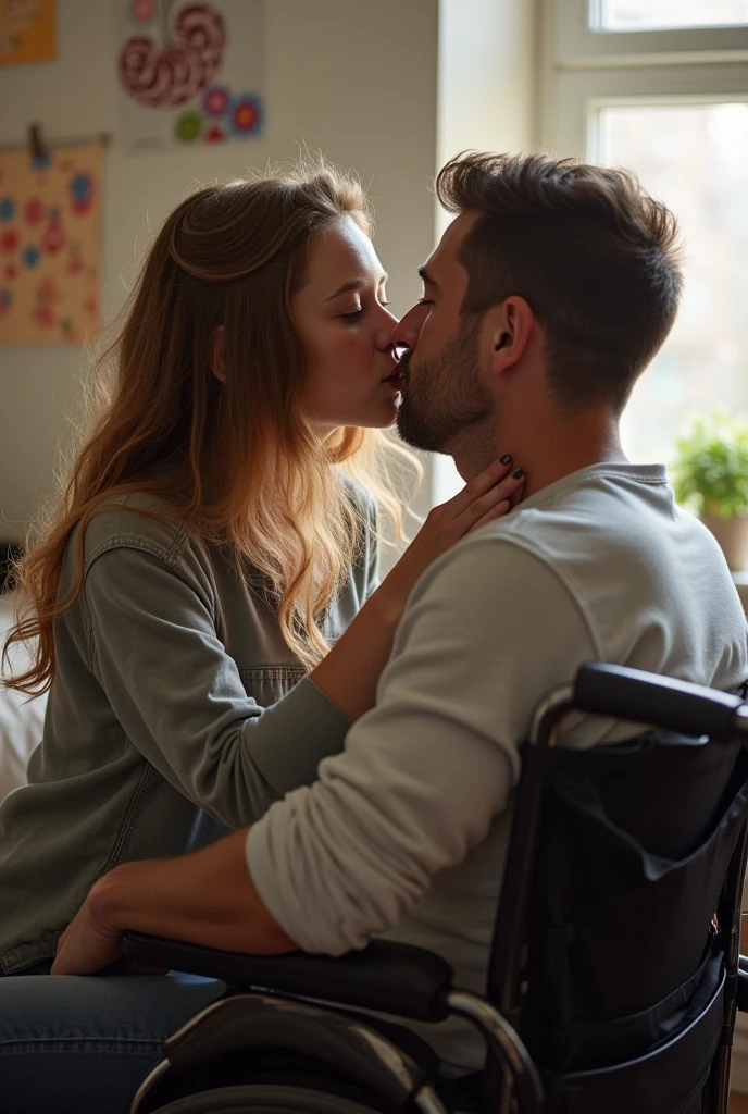 beautiful girl sucking the penis of a man in a wheelchair