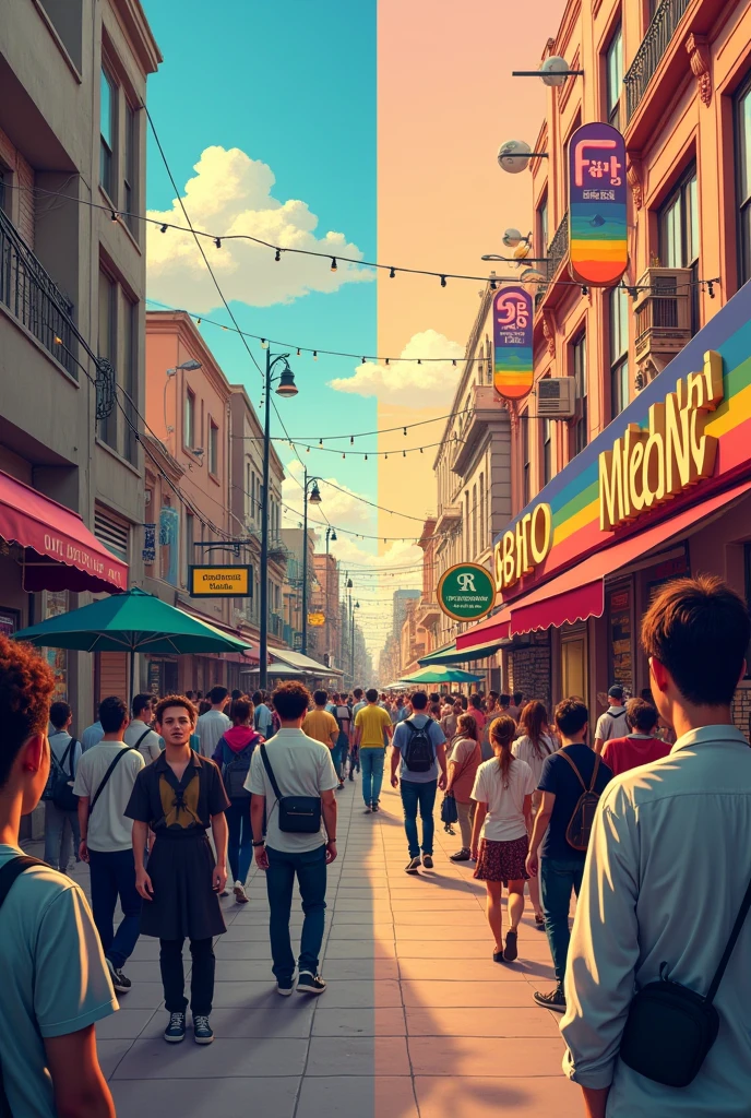 Theories on Consumption and Institutional Economics:
	• An image split in half: On one side, people following traditions and social norms (representing institutions), and the other, individuals creating their own identities, with different styles and consumption choices of the LGBT community