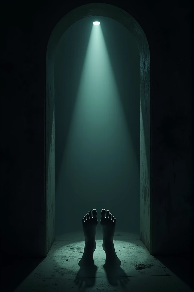 In a dark room inside a lighthouse, at the back of the room, there is an arch in which in the darkness you can see only 2 human feet, only the feet, which are illuminated by a beam of light, the other half of the body can not be seen because of the darkness of the room.