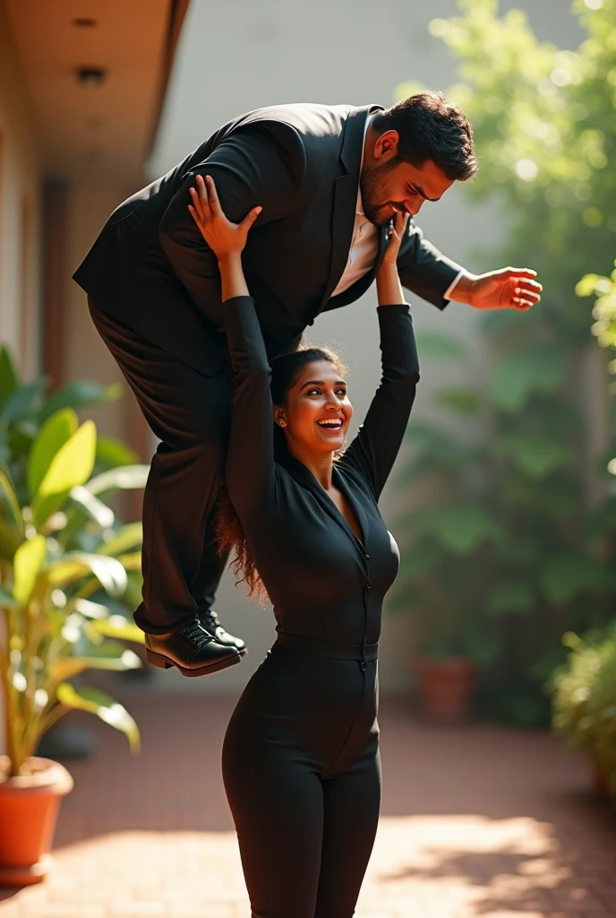 Beautiful Indian woman in black suit lifting a large chubby man high above her head with her strong arms. Photorealistic. At home terrace, natural smile