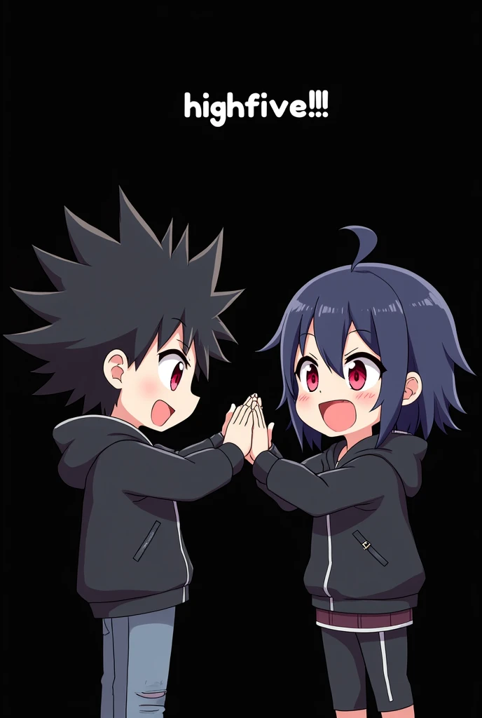 A boy ((( Anime boy , Spiky hair , black hair , black hoodie , blood red eyes , narrowed eye
))) , A girl ((( Anime girl , dark blue hair , modern day mullet hair style , short hair , black hoodie , red eyes , almond eye
))) , black background , highfive , chibi , bubble text "highfive!!!"