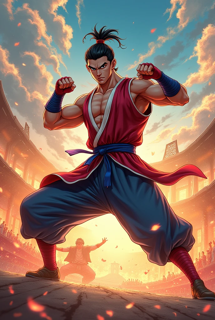Draw Son Okong dressed in Korean ssireum in the style of a dragon ball cartoon