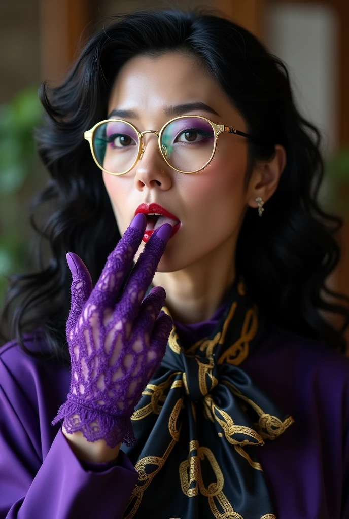 With long, curly black hair、Heavy makeup and purple eyeshadow、Dark eyeliner、Around her neck she wears a ribbon-shaped satin black and gold chain patterned scarf.、Wearing gold-rimmed glasses、Wearing purple lace long gloves、A Japanese woman in her 50s, a female teacher wearing a striped black suit, is licking her fingers obscenely with her tongue、