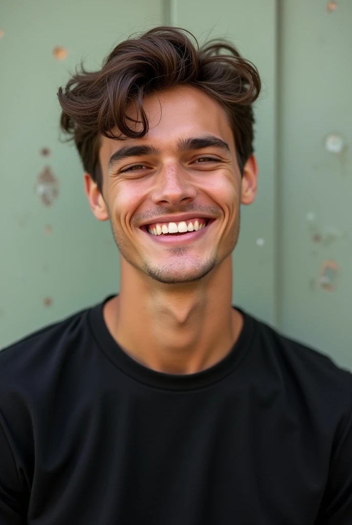 Give me 1 male model with 25 yo with a simple black tshirt in a natural background. The model is looking front to the camera and smiling.