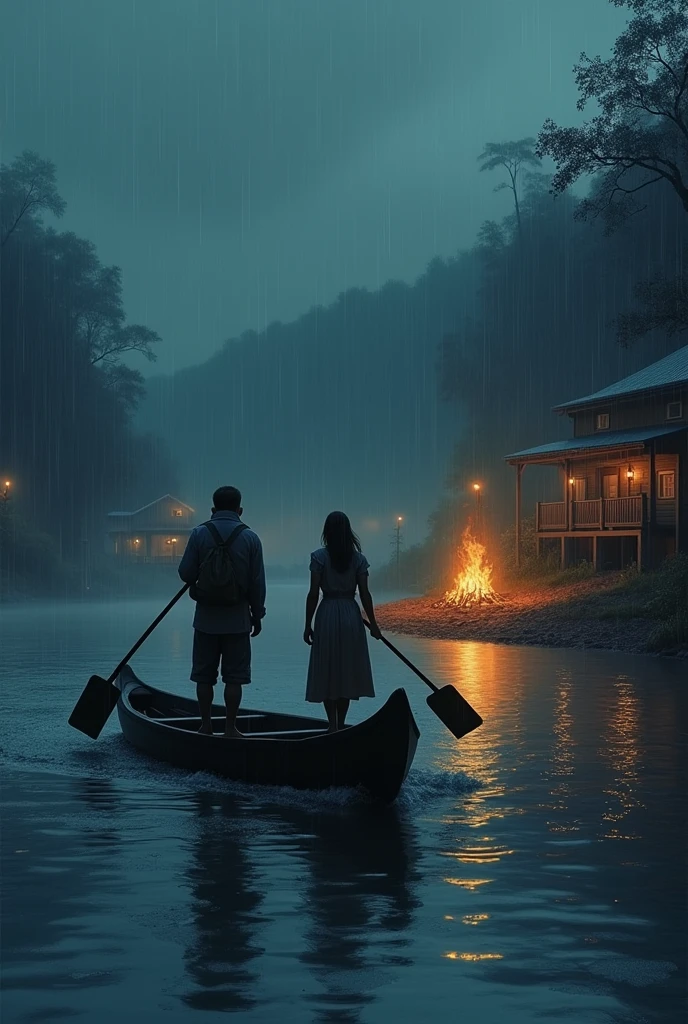 Seen from the perspective of a riverside village with a bonfire as the rainy night falls, a couple approaching, coming from the bottom to the front, in the same canoe on the river, the two are standing each with a shovel struggling to overcome the current