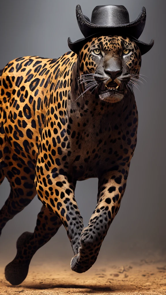 a black jaguar walking on 2 legs,wearing a cowboy outfit and cowboy hat,extremely detailed,8k,ultra-detailed,photorealistic,intricate detail,masterpiece,concept art,dark fantasy,dramatic lighting,chiaroscuro,deep shadows,moody