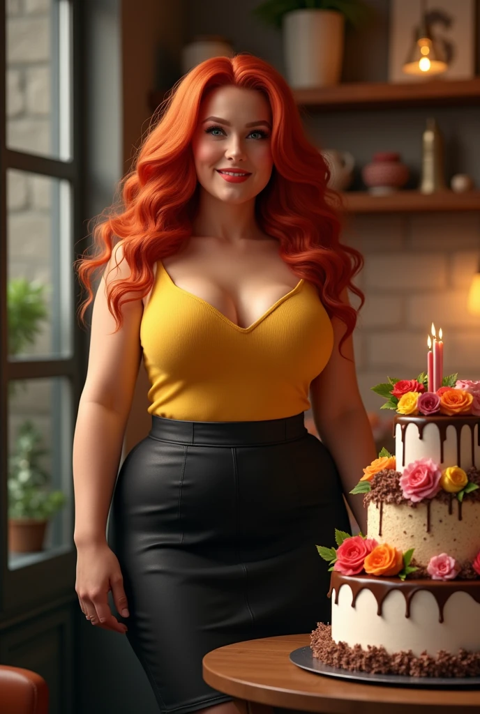 Long redhead plump girl with yellow tank top, black skirt and heels with 33rd birthday cake