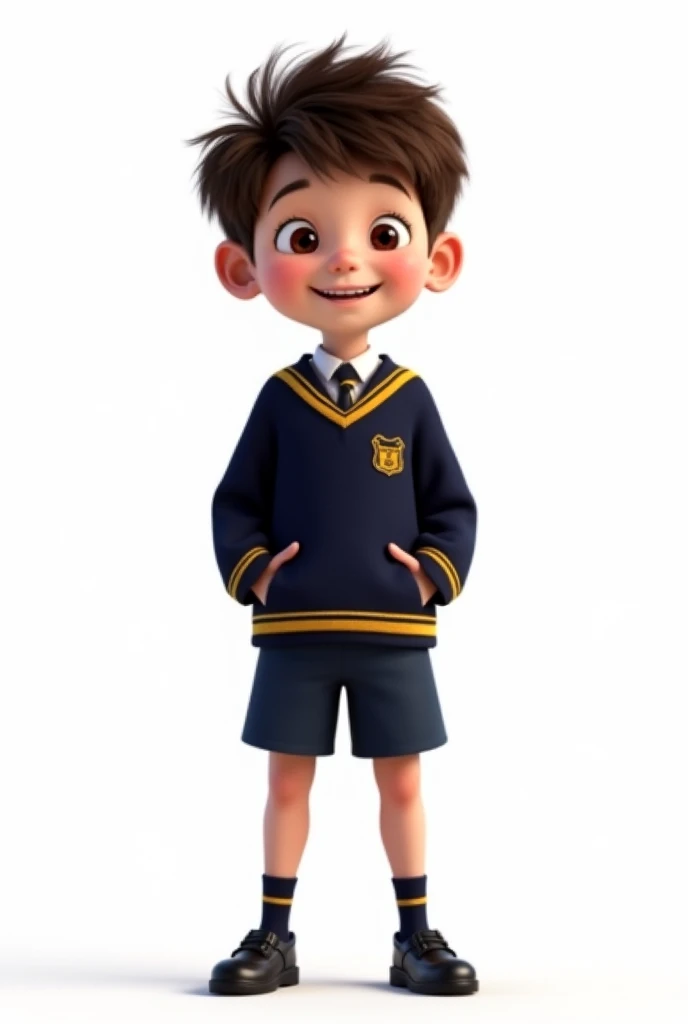 Boy in dark navy blue school uniform with mustard stripes, brown and black hair. semi realistic pixar style drawing full body and white background