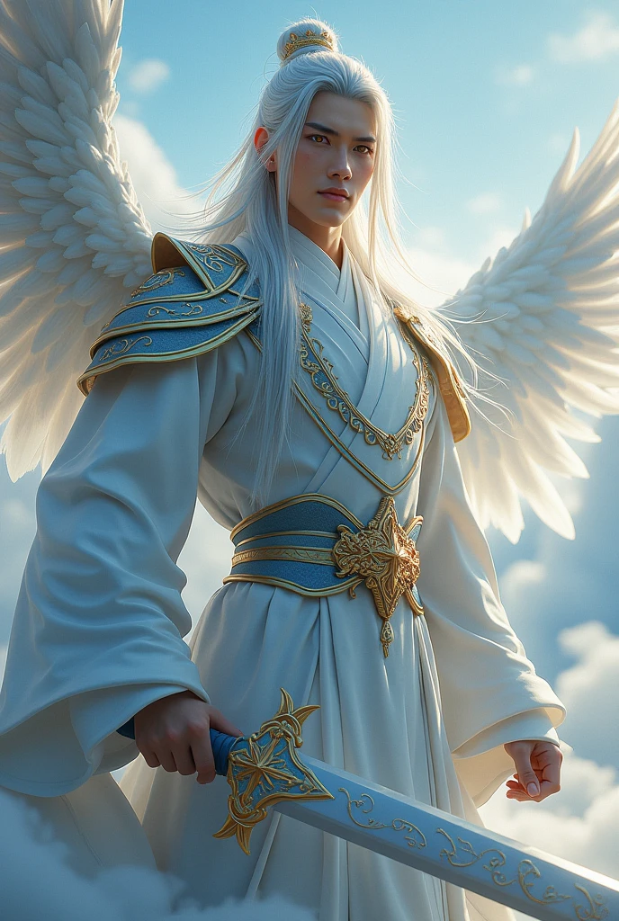 Handsome xianxia protagonist,man,guy,silverish long hair,golden amber eyes and long silver hair,use armour like line on white Tiger body with azure and white dominant color,with majestic golden line ,held sword star, wings at back,24K ultra hd,face and eyes detail,better quality