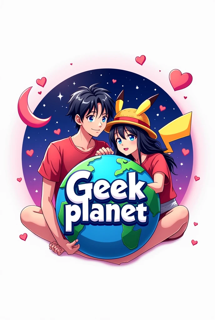logo con un 🌎 en grande y de fondo, with stars, heart and a crescent moon (Pink and purple colors), en la parte de adelante del 🌎 una pareja anime de un chico de cabello ondulado y la chica de cabello largo negro con playeras y orejas de Pikachu o sombrero de paja (Luffy de one piece) and the name Geek Planet in the middle of the logo (with vivid colors throughout the image) WITH WHITE BACKGROUND