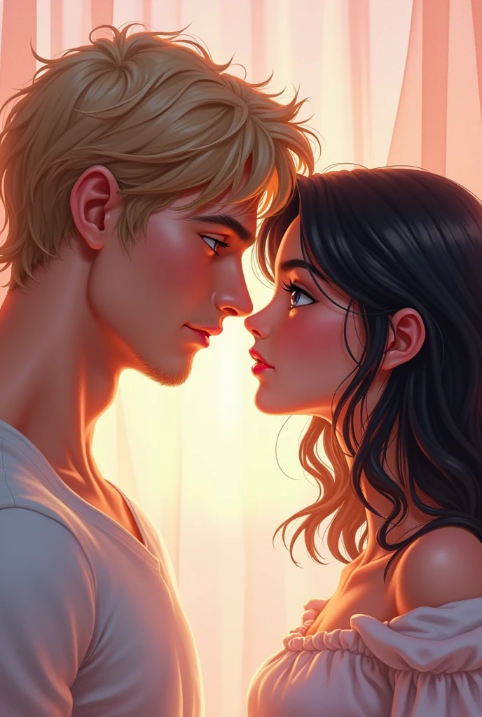 Imagine a cover in pastel tones, I want my protagonists to appear on the cover, looking at each other face to face, straight into the eyes, that your gaze expresses love and desire.
A man with blond hair, disordered, Blue eyes that look piercingly, of tall stature, marked jaw, prominent and masculine features. WITHOUT BEARD A woman with shoulder-length, semi-wavy black hair, dark brown eyes, with fine and elegant features.