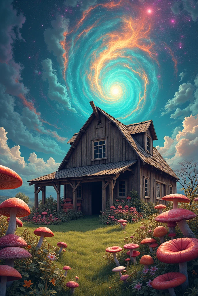 a BARN with a mushroom garden and a psychedelic sky
