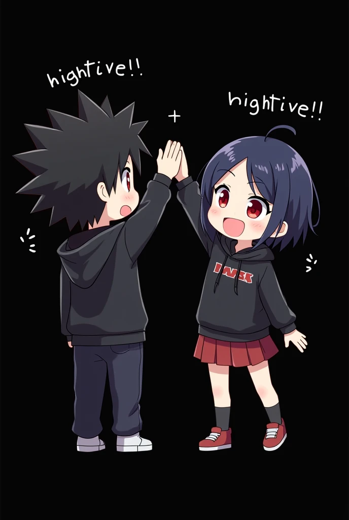 A boy ((( Anime boy , Spiky hair , black hair , black hoodie , blood red eyes , narrowed eye
))) , A girl ((( Anime girl , dark blue hair , modern day mullet hair style , short hair , black hoodie , red eyes , almond eye
))) , black background , highfive , chibi , bubble text "highfive!!!"