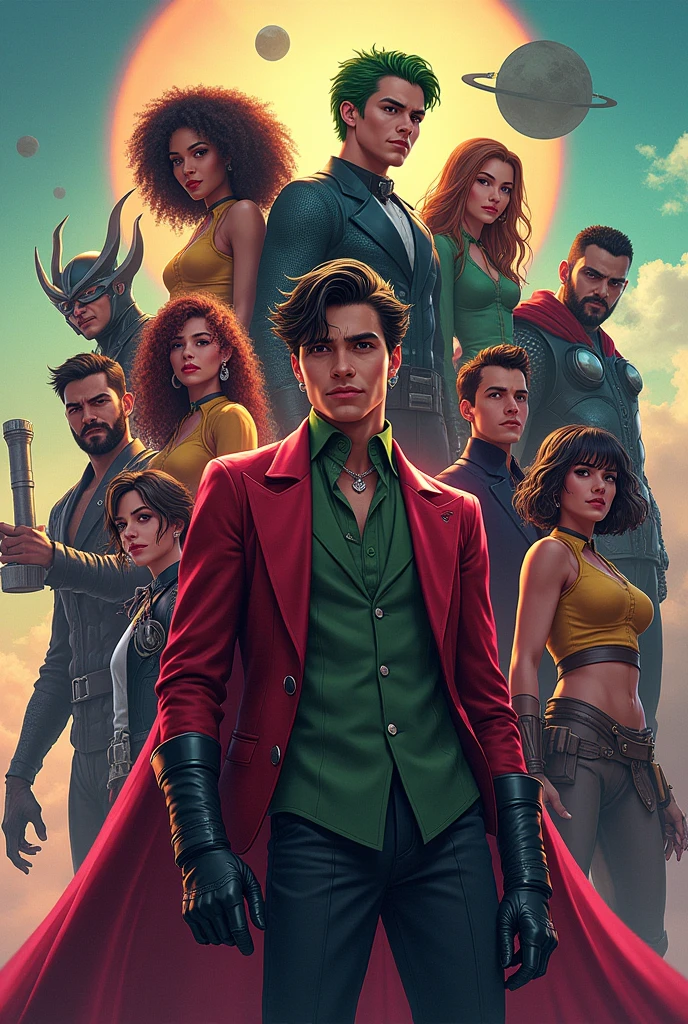 Make a POST Placing ALL the characters below spread across the image, one on top and others below with Léo Valdez in the middle, Mad Hatter from Alice in Wonderland, Cyborg, Joker Echo (Maya Lopez)
Jason Grace
Leo Valdez 
Loki
Nico di Angelo 
Piper McLean 
Professor Xavier 
Reyna Avila 
Toph 
Thor 