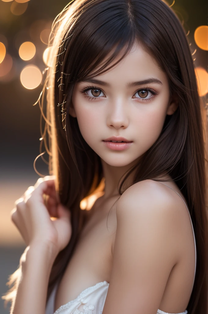 (best quality), (ultra-detailed), (llustration), (detailed light), (an extremely delicate and beautiful), ung girl, brown hair, brown eyes, model, bare shoulders, best quality, extremely detailed CG unified 8k wallpaper, High-definition raw color photos, professional photograpy, (((Bokeh))), depth of fields, twilight, sunset,