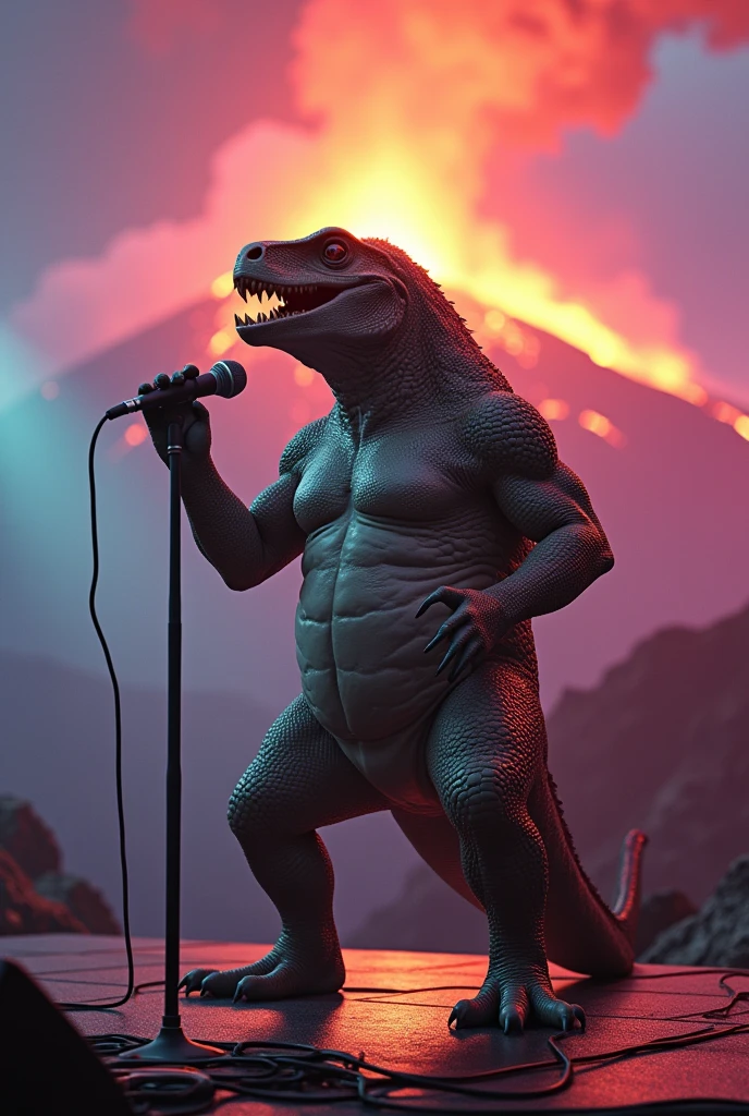  a garrobo with a microphone in a pearl with a volcano
