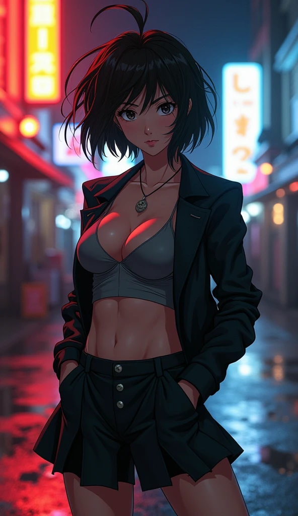 Create a live-action depiction of a female version of Yuusuke Urameshi. She has short, messy black hair and fierce, determined eyes. Her outfit is a modernized, revealing version of her school uniform, featuring a tight-fitting, deep V-neck shirt that accentuates her large chest, paired with a cropped jacket and high-waisted skirt. She has a confident and rebellious expression, with a feminine version of her spirit gun pose.
• Background: A realistic, urban street scene at night in a gritty city, with neon lights reflecting off the wet pavement.