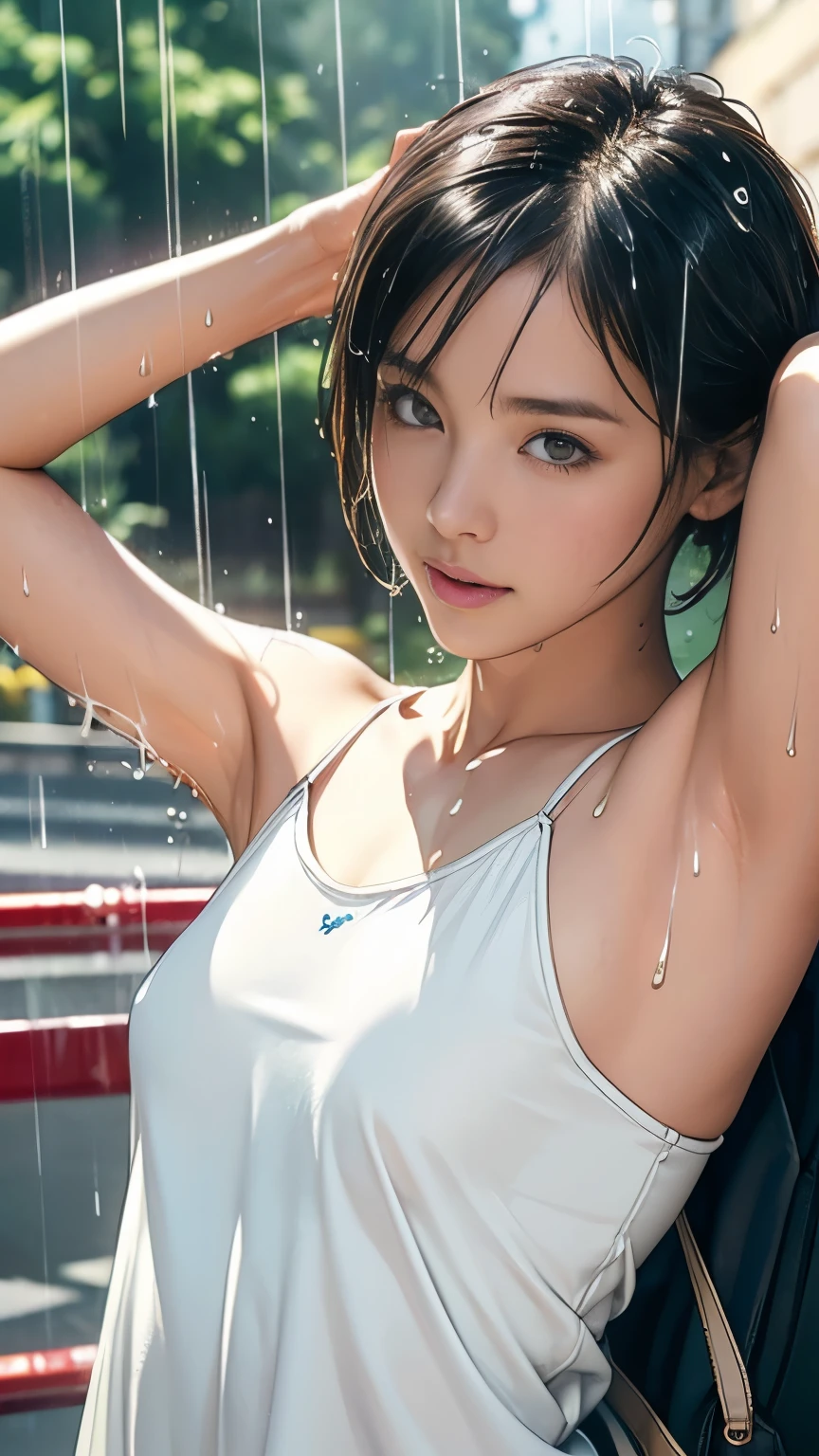 ((masterpiece,best quality;1.3,Best Illustration)), ((Get wet:1.5)), (Raise your arms, Let me see your armpits:1.3), (Beautiful breasts, Large Breasts), Cowboy shooting,1 girl、、solitary,((Small head:1.5)),Black Hair, Bob Cooter, Forehead open, short hair, Brown eyes,beautiful eyes,blush,((Very long body:1.3)),((Fitness,slim,Skinny)),Radiant Skin,Radiant Skin,Oily skin,(Soaked in the rain、camisole、micro short shorts)、Carrying a black backpack、heavy rain、rain、en route,Tokyo,