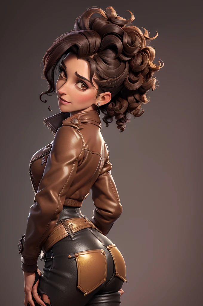 obra prima, melhor qualidade, ((only one woman,)) ((julia louis dreyfus, dark tan skin, short black curly hair, heavy makeup eye shadow, mouth open,)) (((wearing thigh length brown distressed oxblood jacket,))) (((jacket is zipped up, jacket covers waist and ass,))) ((jacket has stiff high collar,)) ((gold pvc gloves,)) body is very skinny, standing up, (((arched back, shoulders leaning way back, hips twisting, head tilted way back, chin up,))) ((camera back view, extreme closeup view of upper body,)) shallow depth of field, highres, HD, 8k, anatomically correct