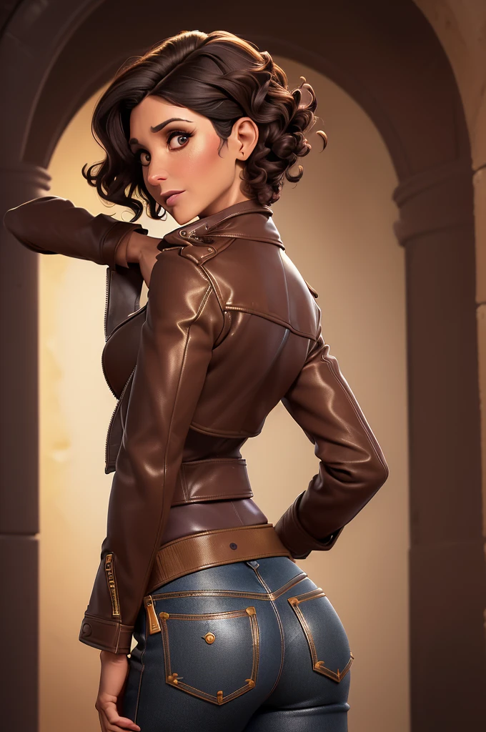 obra prima, melhor qualidade, ((only one woman,)) ((julia louis dreyfus, dark tan skin, short black curly hair, heavy makeup eye shadow, mouth open,)) (((wearing thigh length brown distressed oxblood jacket,))) (((jacket is zipped up, jacket covers waist and ass,))) ((jacket has stiff high collar,)) ((gold pvc gloves,)) body is very skinny, standing up, (((arched back, shoulders leaning way back, hips twisting, head tilted way back, chin up,))) ((camera back view, extreme closeup view of upper body,)) shallow depth of field, highres, HD, 8k, anatomically correct