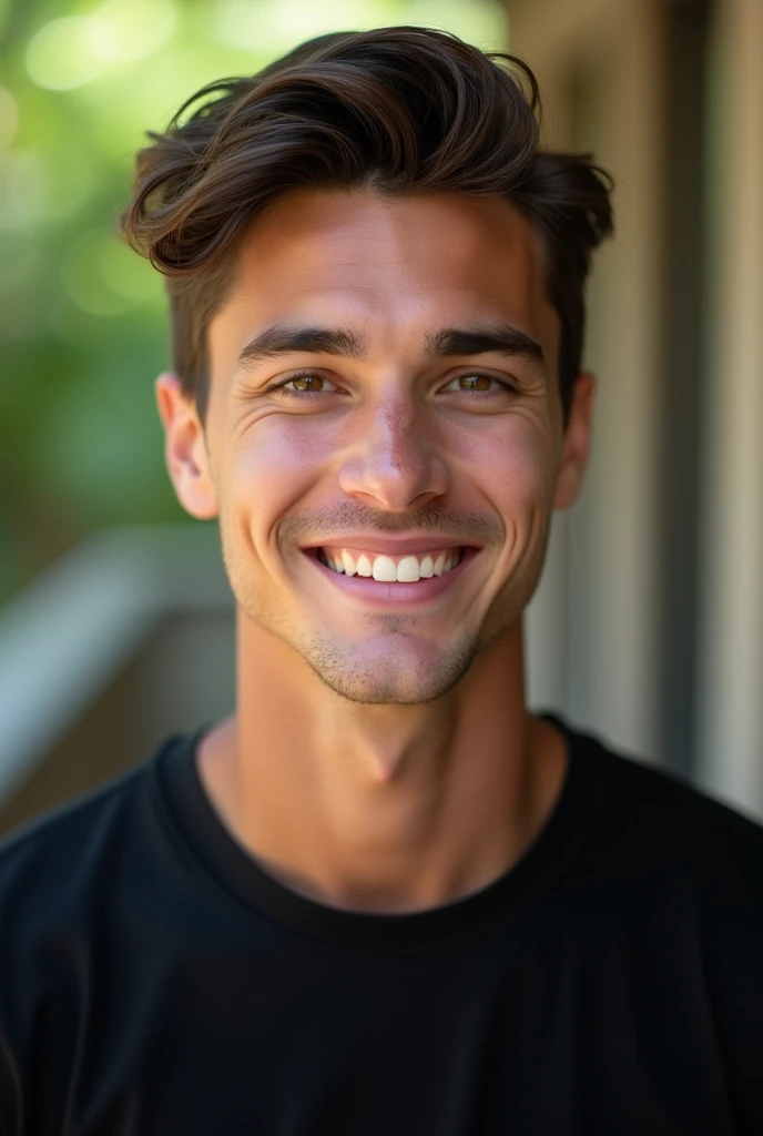 Give me 1 male model with 25 yo with a simple black tshirt in a natural background. The model is looking front to the camera and smiling. From the waist up