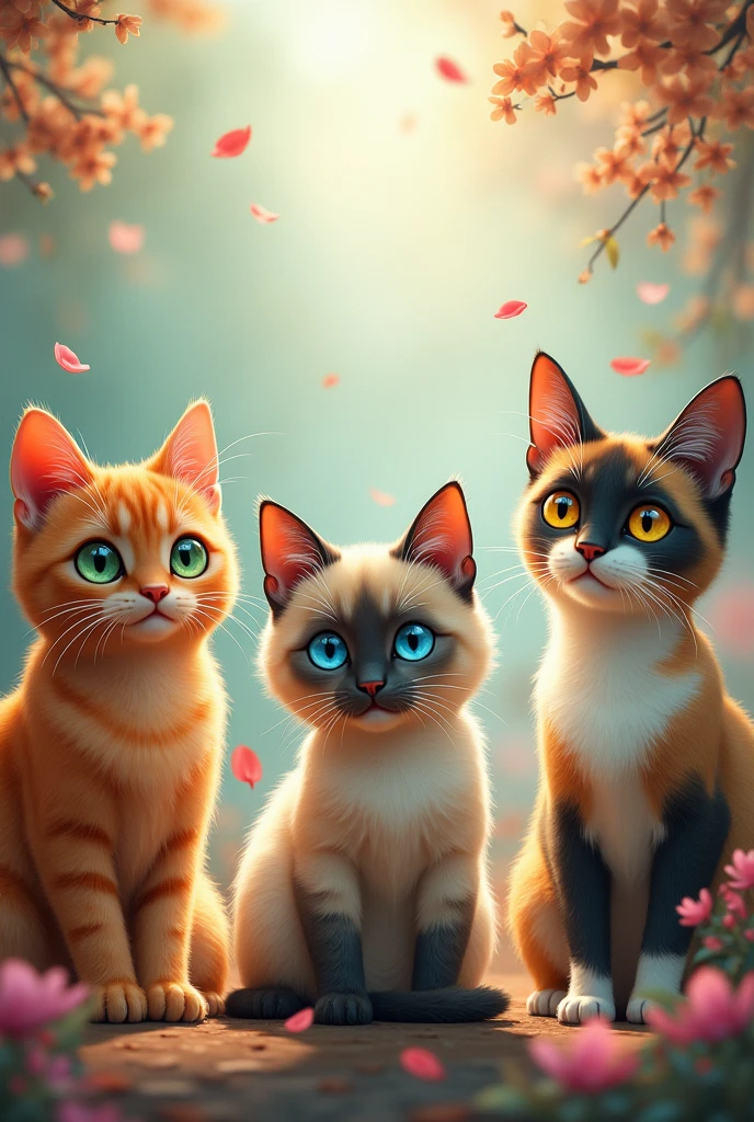 Generates an image with 3 cats, an orange with green eyes,a blue-eyed Siamese and a yellow-eyed calico cat